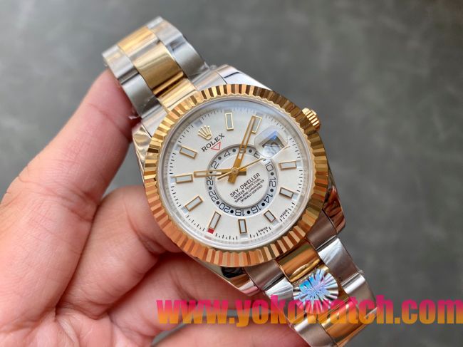 ロレックスコピー・スカイダイバー（SKY-DWELLER）40mm 326138“ホワイト・ダイヤル＋イエローゴールドベゼル＋ステンレススチールブレスレット” メンズ専用モデル
