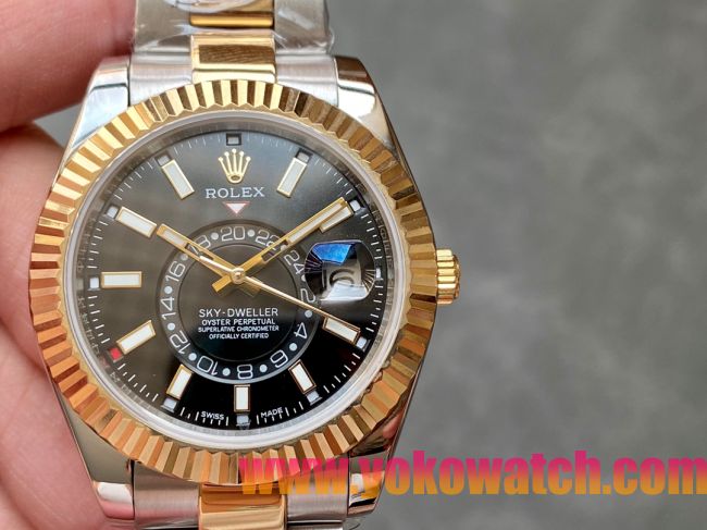ロレックスコピー・スカイダイバー（SKY-DWELLER）40mm 326138“ブラック・ダイヤル＋イエローゴールドベゼル＋ステンレススチールブレスレット” メンズ専用モデル