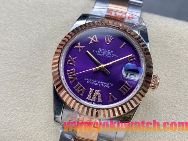 ロレックスコピー・デイトジャスト（DATEJUST）31mm 279383RBR“パープル・ダイヤル＋イエローゴールドベゼル＋ステンレススチール＆ローズゴールドブレスレット” レディース専用モデル 