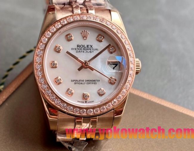 ロレックスコピー・デイトジャスト（DATEJUST）31mm 279385RBR“シェルダイヤル＋ローズゴールド＆ダイヤモンドベゼル＋フルローズゴールドブレスレット” レディース専用モデル