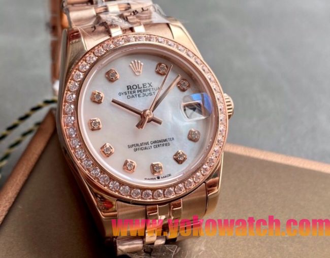 ロレックスコピー・デイトジャスト（DATEJUST）31mm 279385RBR“シェルダイヤル＋ローズゴールド＆ダイヤモンドベゼル＋フルローズゴールドブレスレット” レディース専用モデル