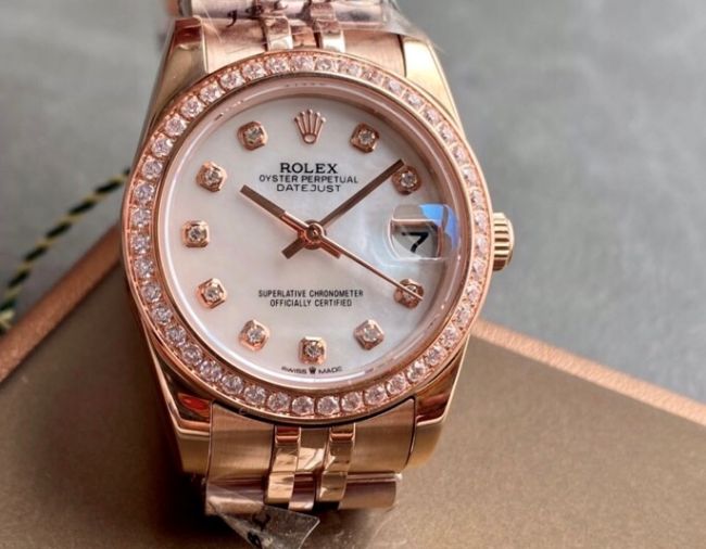 ロレックスコピー・デイトジャスト（DATEJUST）31mm 279385RBR“シェルダイヤル＋ローズゴールド＆ダイヤモンドベゼル＋フルローズゴールドブレスレット” レディース専用モデル
