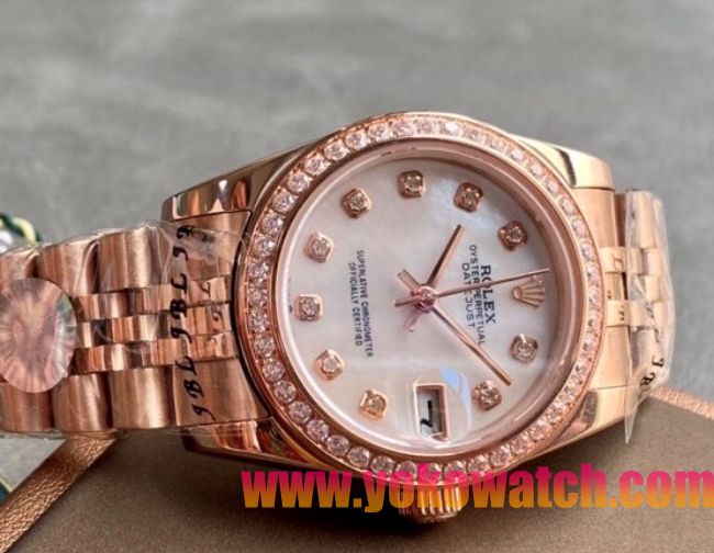 ロレックスコピー・デイトジャスト（DATEJUST）31mm 279385RBR“シェルダイヤル＋ローズゴールド＆ダイヤモンドベゼル＋フルローズゴールドブレスレット” レディース専用モデル