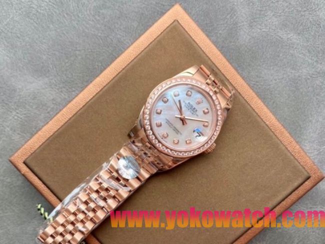 ロレックスコピー・デイトジャスト（DATEJUST）31mm 279385RBR“シェルダイヤル＋ローズゴールド＆ダイヤモンドベゼル＋フルローズゴールドブレスレット” レディース専用モデル
