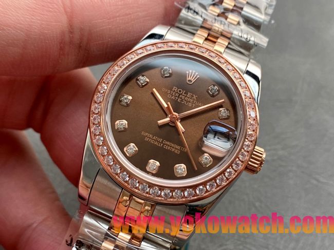 ロレックスコピー・デイトジャスト（DATEJUST）31mm 279160R“ダイヤモンドベゼル＋ブラウンダイヤル＋ステンレススチール＆ローズゴールドブレスレット” レディース専用モデル
