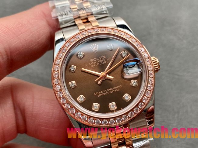 ロレックスコピー・デイトジャスト（DATEJUST）31mm 279160R“ダイヤモンドベゼル＋ブラウンダイヤル＋ステンレススチール＆ローズゴールドブレスレット” レディース専用モデル