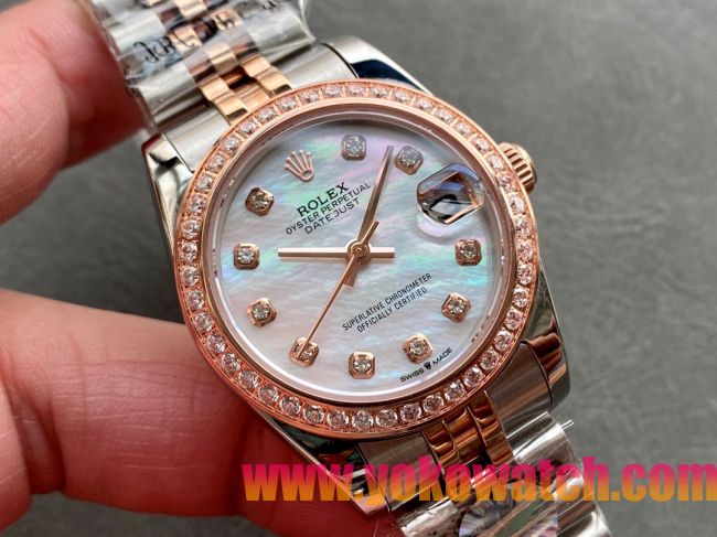ロレックスコピー・デイトジャスト（DATEJUST）31mm 279160R“ダイヤモンドベゼル＋パールダイヤル＋ステンレススチール＆ローズゴールドブレスレット” レディース専用モデル