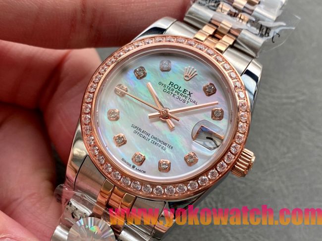 ロレックスコピー・デイトジャスト（DATEJUST）31mm 279160R“ダイヤモンドベゼル＋パールダイヤル＋ステンレススチール＆ローズゴールドブレスレット” レディース専用モデル