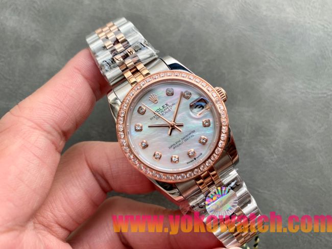 ロレックスコピー・デイトジャスト（DATEJUST）31mm 279160R“ダイヤモンドベゼル＋パールダイヤル＋ステンレススチール＆ローズゴールドブレスレット” レディース専用モデル