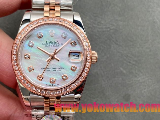 ロレックスコピー・デイトジャスト（DATEJUST）31mm 279160R“ダイヤモンドベゼル＋パールダイヤル＋ステンレススチール＆ローズゴールドブレスレット” レディース専用モデル