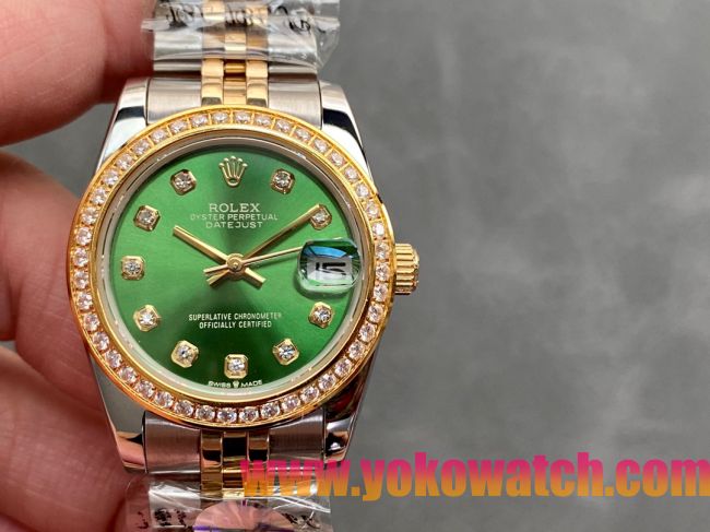 ロレックスコピー・デイトジャスト（DATEJUST）31mm 279138R“ダイヤモンドベゼル＋グリーンダイヤル＋ステンレススチール＆イエローゴールドブレスレット” レディース専用モデル