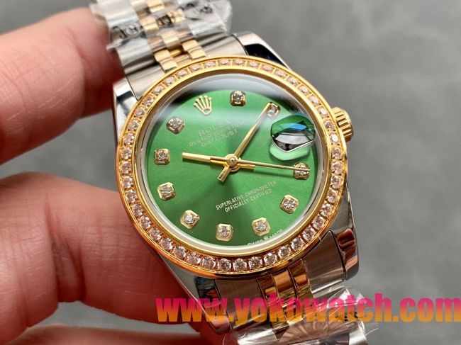 ロレックスコピー・デイトジャスト（DATEJUST）31mm 279138R“ダイヤモンドベゼル＋グリーンダイヤル＋ステンレススチール＆イエローゴールドブレスレット” レディース専用モデル