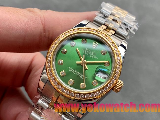 ロレックスコピー・デイトジャスト（DATEJUST）31mm 279138R“ダイヤモンドベゼル＋グリーンダイヤル＋ステンレススチール＆イエローゴールドブレスレット” レディース専用モデル
