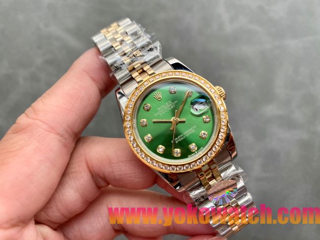 ロレックスコピー・デイトジャスト（DATEJUST）31mm 279138R“ダイヤモンドベゼル＋グリーンダイヤル＋ステンレススチール＆イエローゴールドブレスレット” レディース専用モデル
