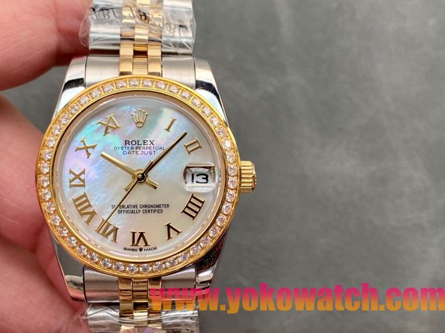 ロレックスコピー・デイトジャスト（DATEJUST）31mm 279138R“ダイヤモンドベゼル＋パールダイヤル＋ローマ字インデックス＋ステンレススチール＆イエローゴールドブレスレット” レディース専用モデル