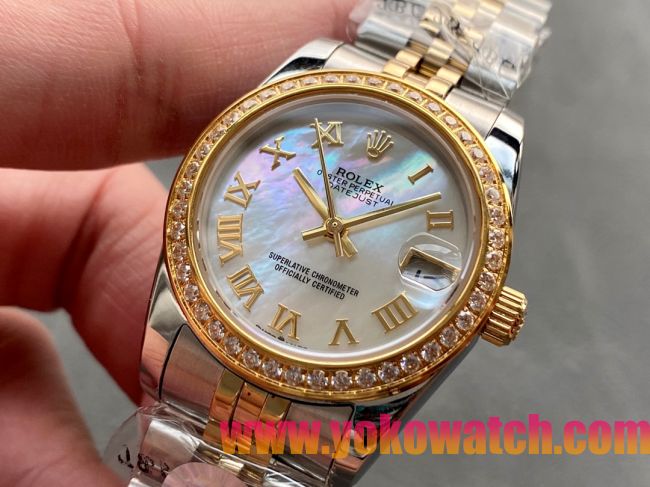 ロレックスコピー・デイトジャスト（DATEJUST）31mm 279138R“ダイヤモンドベゼル＋パールダイヤル＋ローマ字インデックス＋ステンレススチール＆イエローゴールドブレスレット” レディース専用モデル