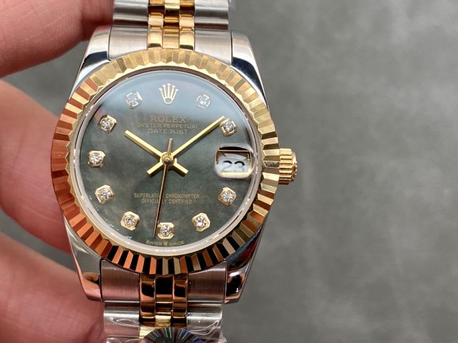 ロレックスコピー・デイトジャスト（DATEJUST）31mm 279138R“三角坑紋ベゼル＋ダイヤモンドインデックス＋グレーダイヤル＋ステンレススチール＆イエローゴールドブレスレット” レディース専用モデル