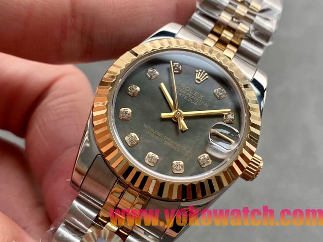 ロレックスコピー・デイトジャスト（DATEJUST）31mm 279138R“三角坑紋ベゼル＋ダイヤモンドインデックス＋グレーダイヤル＋ステンレススチール＆イエローゴールドブレスレット” レディース専用モデル