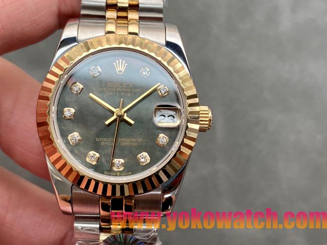 ロレックスコピー・デイトジャスト（DATEJUST）31mm 279138R“三角坑紋ベゼル＋ダイヤモンドインデックス＋グレーダイヤル＋ステンレススチール＆イエローゴールドブレスレット” レディース専用モデル