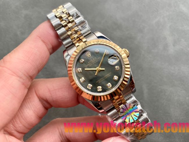 ロレックスコピー・デイトジャスト（DATEJUST）31mm 279138R“三角坑紋ベゼル＋ダイヤモンドインデックス＋グレーダイヤル＋ステンレススチール＆イエローゴールドブレスレット” レディース専用モデル