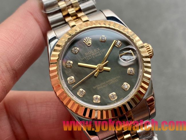 ロレックスコピー・デイトジャスト（DATEJUST）31mm 279138R“三角坑紋ベゼル＋ダイヤモンドインデックス＋グレーダイヤル＋ステンレススチール＆イエローゴールドブレスレット” レディース専用モデル