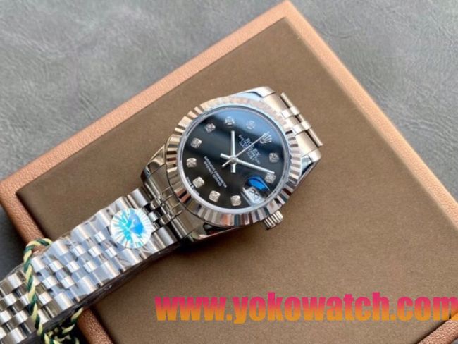 ロレックスコピー・デイトジャスト（DATEJUST）31mm 279160“三角坑紋ベゼル＋ダイヤモンドインデックス＋ブラックダイヤル＋ステンレススチールブレスレット” レディース専用モデル