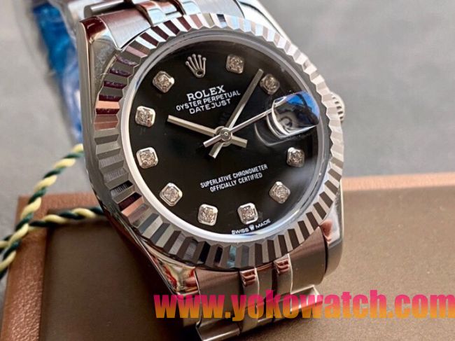 ロレックスコピー・デイトジャスト（DATEJUST）31mm 279160“三角坑紋ベゼル＋ダイヤモンドインデックス＋ブラックダイヤル＋ステンレススチールブレスレット” レディース専用モデル