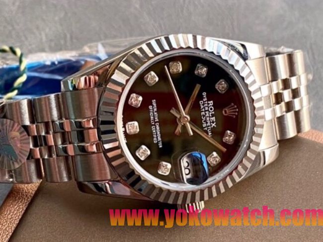 ロレックスコピー・デイトジャスト（DATEJUST）31mm 279160“三角坑紋ベゼル＋ダイヤモンドインデックス＋ブラックダイヤル＋ステンレススチールブレスレット” レディース専用モデル
