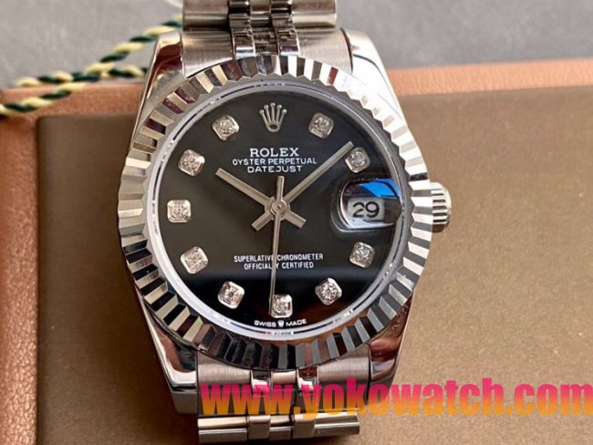 ロレックスコピー・デイトジャスト（DATEJUST）31mm 279160“三角坑紋ベゼル＋ダイヤモンドインデックス＋ブラックダイヤル＋ステンレススチールブレスレット” レディース専用モデル