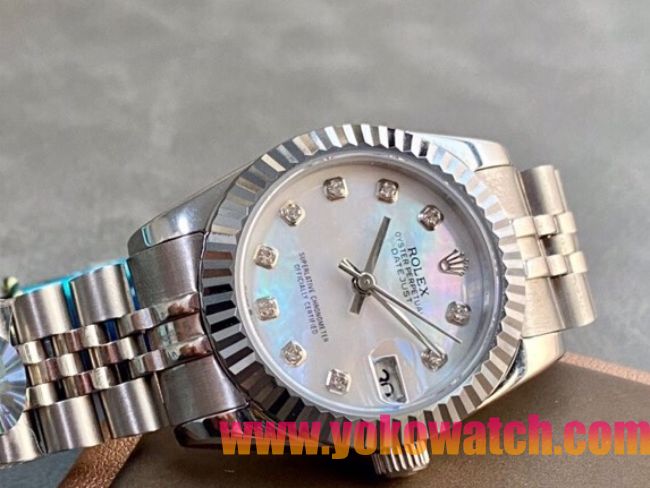ロレックスコピー・デイトジャスト（DATEJUST）31mm 279160R“三角坑紋ベゼル＋ダイヤモンドインデックス＋真珠貝ダイヤル＋ステンレススチールブレスレット” レディース専用モデル