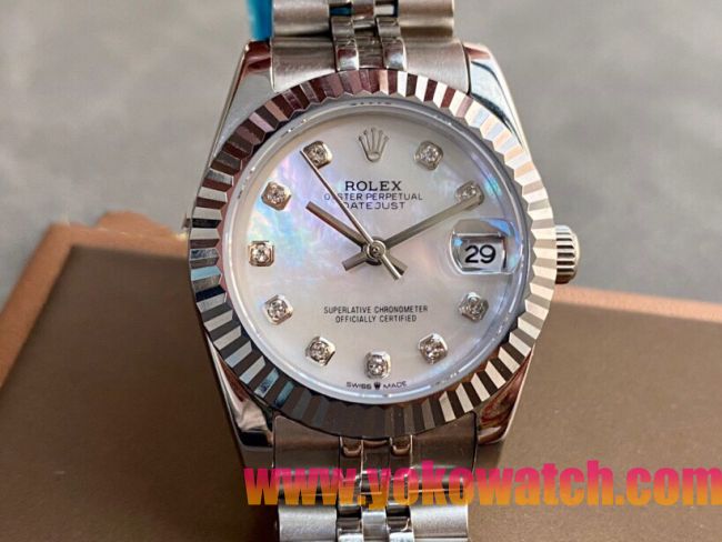 ロレックスコピー・デイトジャスト（DATEJUST）31mm 279160R“三角坑紋ベゼル＋ダイヤモンドインデックス＋真珠貝ダイヤル＋ステンレススチールブレスレット” レディース専用モデル