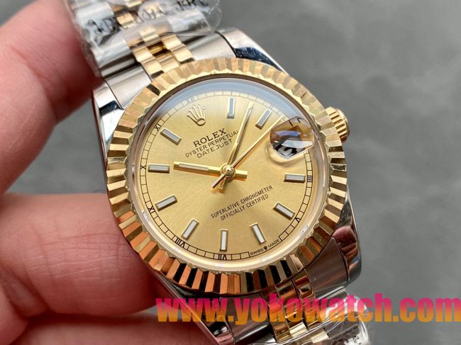 ロレックスコピー・デイトジャスト（DATEJUST）31mm 279138R“三角坑紋ベゼル＋ゴールドダイヤル＋ステンレススチール＆イエローゴールドブレスレット” レディース専用モデル