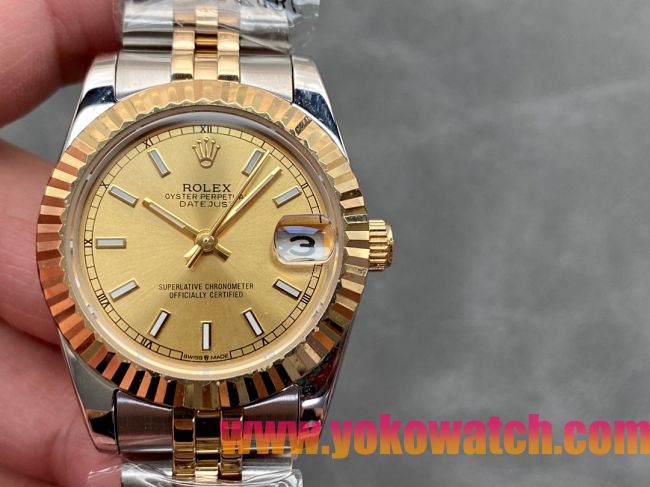 ロレックスコピー・デイトジャスト（DATEJUST）31mm 279138R“三角坑紋ベゼル＋ゴールドダイヤル＋ステンレススチール＆イエローゴールドブレスレット” レディース専用モデル