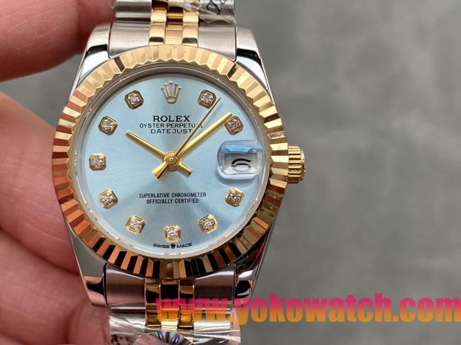 ロレックスコピー・デイトジャスト（DATEJUST）31mm 279138R“三角坑紋ベゼル＋ダイヤモンドインデックス＋アイスブルーダイヤル＋ステンレススチール＆イエローゴールドブレスレット” レディース専用モデル