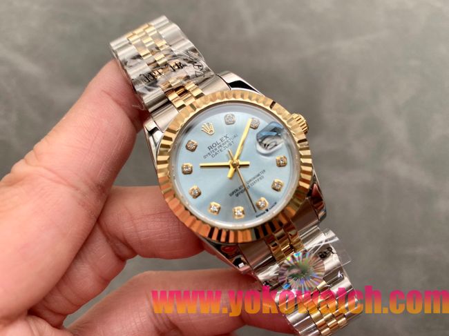 ロレックスコピー・デイトジャスト（DATEJUST）31mm 279138R“三角坑紋ベゼル＋ダイヤモンドインデックス＋アイスブルーダイヤル＋ステンレススチール＆イエローゴールドブレスレット” レディース専用モデル