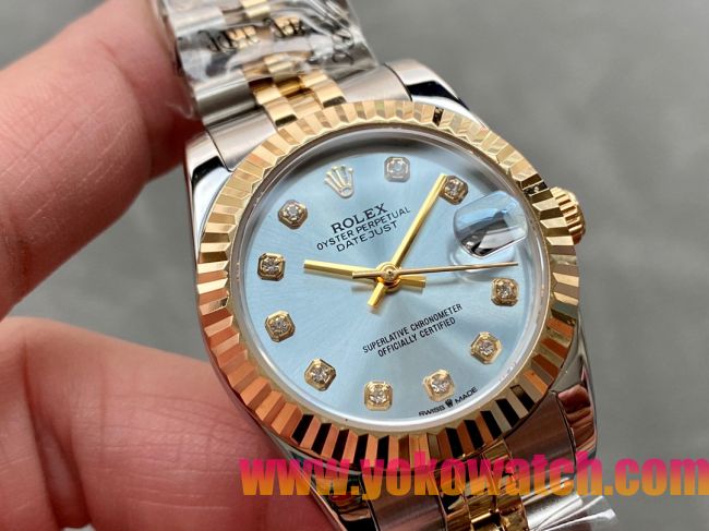 ロレックスコピー・デイトジャスト（DATEJUST）31mm 279138R“三角坑紋ベゼル＋ダイヤモンドインデックス＋アイスブルーダイヤル＋ステンレススチール＆イエローゴールドブレスレット” レディース専用モデル