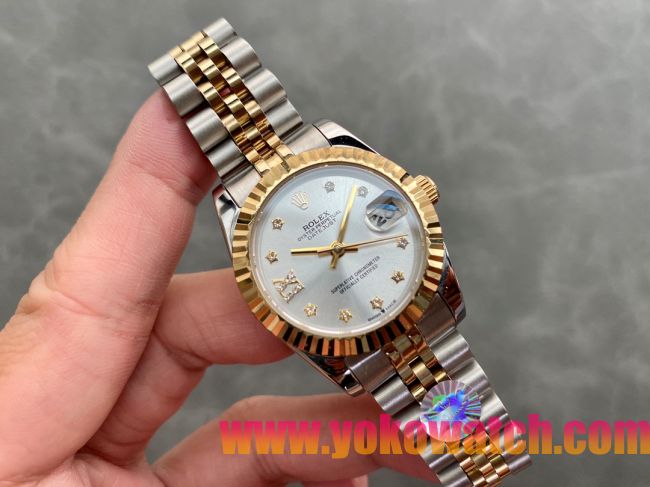 ロレックスコピー・デイトジャスト（DATEJUST）31mm 279138R“三角坑紋ベゼル＋ダイヤモンドインデックス＋ホワイトダイヤル＋ステンレススチール＆イエローゴールドブレスレット” レディース専用モデル