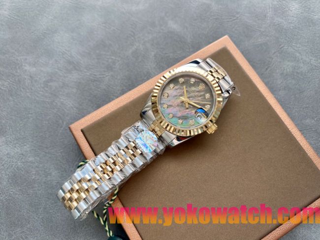 ロレックスコピー・デイトジャスト（DATEJUST）31mm 279138R“三角坑紋ベゼル＋ダイヤモンドインデックス＋ダークグリーンダイヤル＋ステンレススチール＆イエローゴールドブレスレット” レディース専用モデル