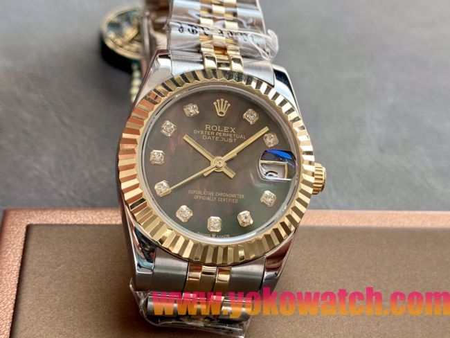 ロレックスコピー・デイトジャスト（DATEJUST）31mm 279138R“三角坑紋ベゼル＋ダイヤモンドインデックス＋ダークグリーンダイヤル＋ステンレススチール＆イエローゴールドブレスレット” レディース専用モデル