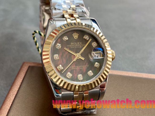 ロレックスコピー・デイトジャスト（DATEJUST）31mm 279138R“三角坑紋ベゼル＋ダイヤモンドインデックス＋ダークグリーンダイヤル＋ステンレススチール＆イエローゴールドブレスレット” レディース専用モデル