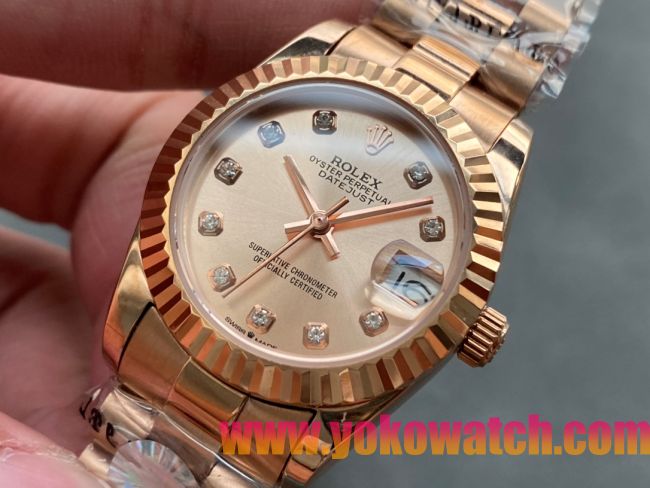 ロレックスコピー・デイトジャスト（DATEJUST）31mm 279138R“全イエローゴールド仕様＋三角坑紋ベゼル＋ダイヤモンドインデックス＋ピンクゴールドダイヤル” レディース専用モデル