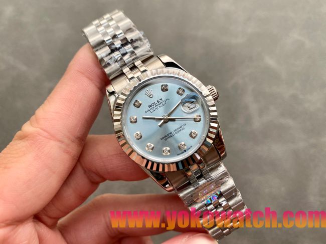 ロレックスコピー・デイトジャスト（DATEJUST）31mm 279160R“全ステンレススチール仕様＋三角坑紋ベゼル＋ダイヤモンドインデックス＋ブルーダイヤル” レディース専用モデル