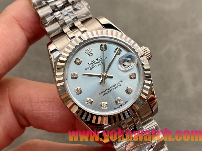 ロレックスコピー・デイトジャスト（DATEJUST）31mm 279160R“全ステンレススチール仕様＋三角坑紋ベゼル＋ダイヤモンドインデックス＋ブルーダイヤル” レディース専用モデル