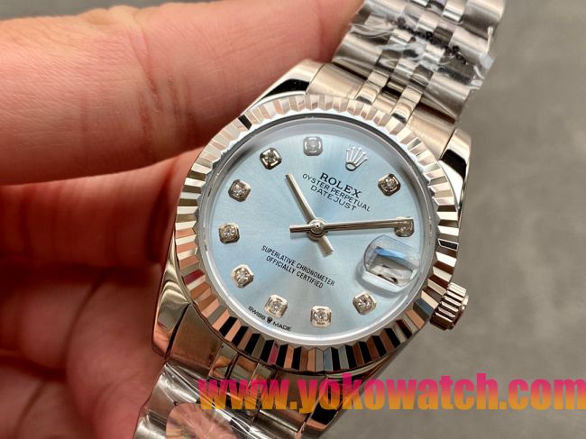 ロレックスコピー・デイトジャスト（DATEJUST）31mm 279160R“全ステンレススチール仕様＋三角坑紋ベゼル＋ダイヤモンドインデックス＋ブルーダイヤル” レディース専用モデル