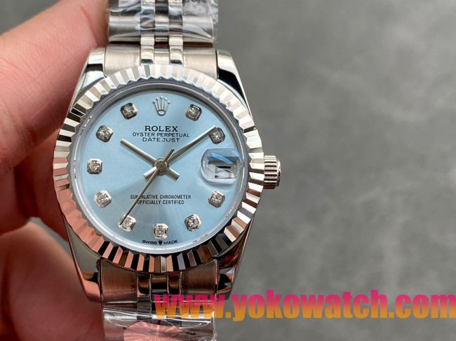 ロレックスコピー・デイトジャスト（DATEJUST）31mm 279160R“全ステンレススチール仕様＋三角坑紋ベゼル＋ダイヤモンドインデックス＋ブルーダイヤル” レディース専用モデル