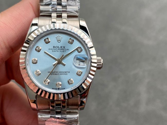 ロレックスコピー・デイトジャスト（DATEJUST）31mm 279160R“全ステンレススチール仕様＋三角坑紋ベゼル＋ダイヤモンドインデックス＋ブルーダイヤル” レディース専用モデル