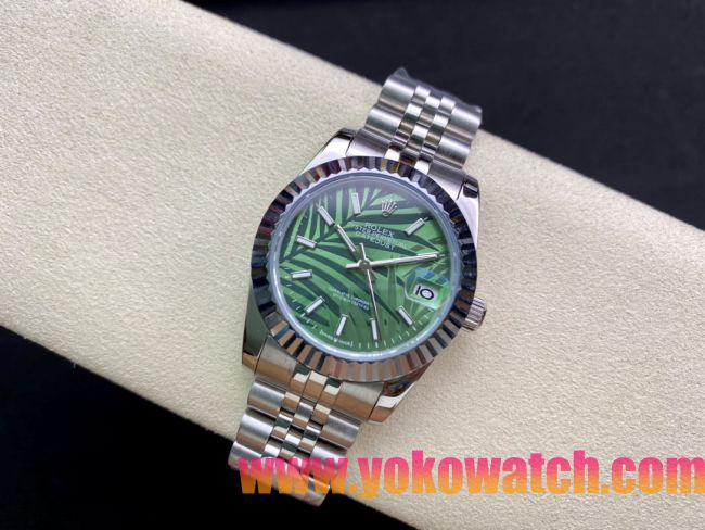 ロレックスコピー・デイトジャスト（DATEJUST）31mm 279160R“全ステンレススチール仕様＋三角坑紋ベゼル＋バーインデックス＋グリーンパームダイヤル” レディース専用モデル