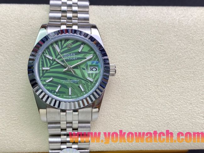 ロレックスコピー・デイトジャスト（DATEJUST）31mm 279160R“全ステンレススチール仕様＋三角坑紋ベゼル＋バーインデックス＋グリーンパームダイヤル” レディース専用モデル