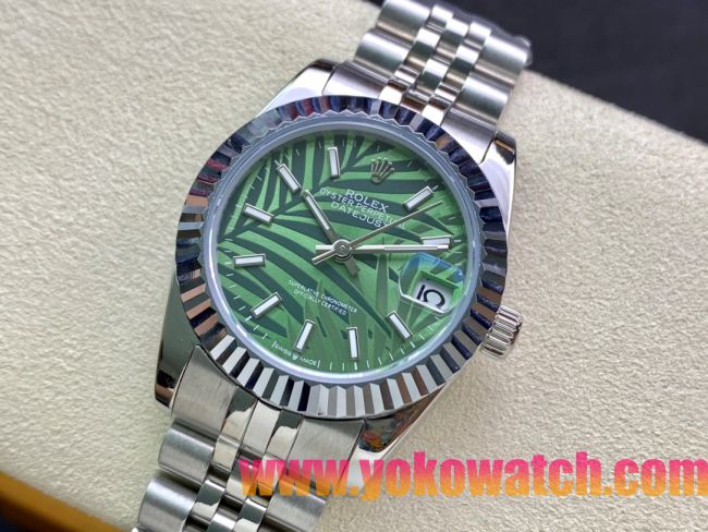 ロレックスコピー・デイトジャスト（DATEJUST）31mm 279160R“全ステンレススチール仕様＋三角坑紋ベゼル＋バーインデックス＋グリーンパームダイヤル” レディース専用モデル