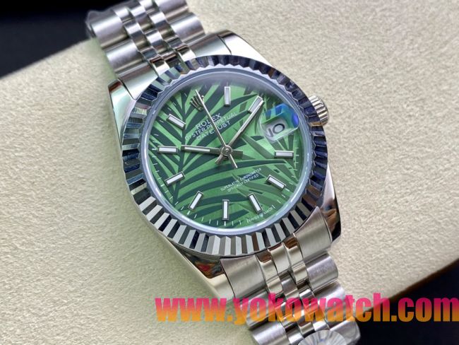 ロレックスコピー・デイトジャスト（DATEJUST）31mm 279160R“全ステンレススチール仕様＋三角坑紋ベゼル＋バーインデックス＋グリーンパームダイヤル” レディース専用モデル